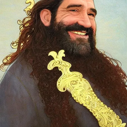 Image similar to art nouveau portrait of clive owen as a dwarven barbarian with full luscious groomed beard, long flowing dark hair, a cheeky smile, gold filigree, mucha