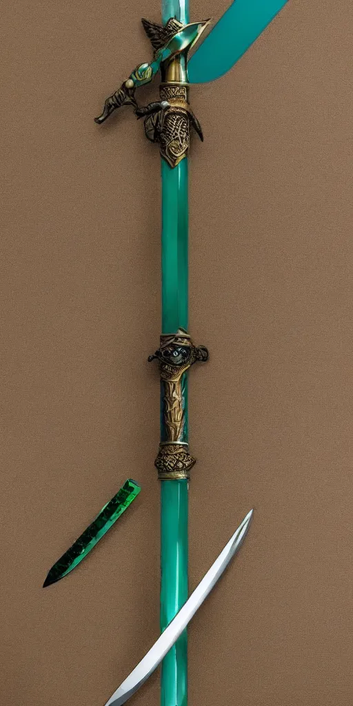 Image similar to photograph of a wide green and teal crystal double - edged sword blade attached to a big gold sword hilt