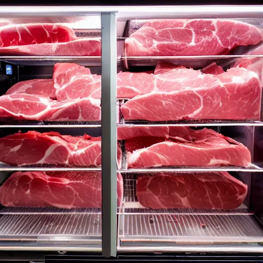 Image similar to where's wally sunset in a butcher shop meat freezer