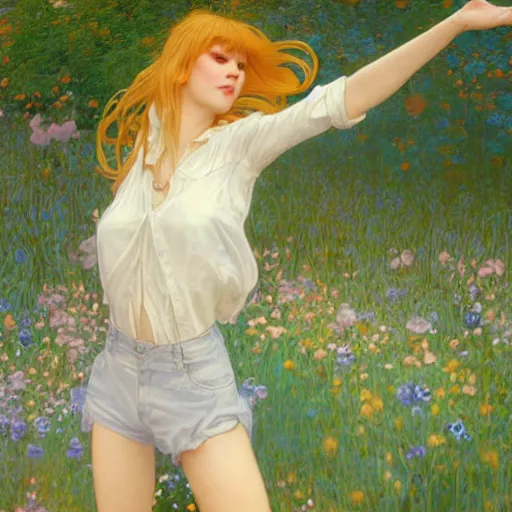 Image similar to A young woman with blonde long hair and bangs in shorts and white shirt drawn by Robert McGinnis and Julie Bell and Zeronis and alphonse mucha, background by James Jean and gustav klimt, 4k, sunny day, volumetric lighting, french nouveau, trending on artstation, octane render, hyperrealistic