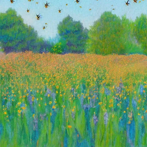 Image similar to impressionist painting of bees pollinating a field of flowers