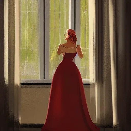 Image similar to a woman in an open dress royal dress looking out a castle window, ArtStation trending, detailed, digital art, calm colors,