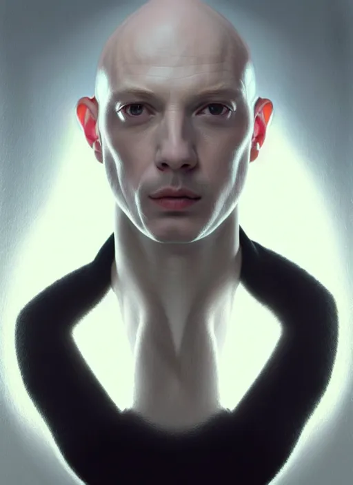Prompt: face centered portrait of a porcelain skin bald man, eyebags, in a black turtleneck, hyper realistic art, intricate, elegant, glowing lights, highly detailed, digital painting, artstation, concept art, smooth, sharp focus, art by wlop, mars ravelo and greg rutkowski