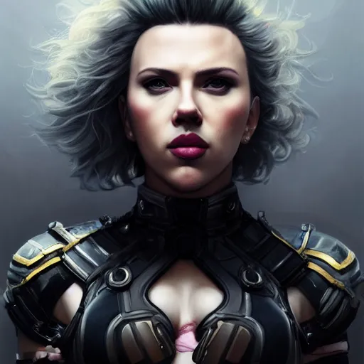 Image similar to detailed portrait of scarlett johansson as very muscular goth zarya from overwatch, beautiful, fantasy, intricate, elegant, highly detailed, digital painting, artstation, concept art, matte, sharp focus, illustration, art by aenaluck, artgerm and roberto ferri and greg rutkowski, epic fantasy, digital painting