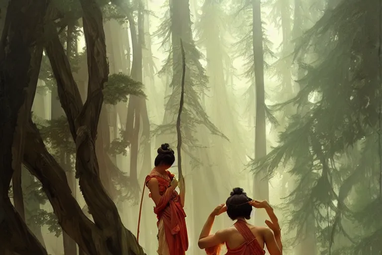 Image similar to forest, temple, taoism, painting by greg rutkowski, j. c. leyendecker, artgerm