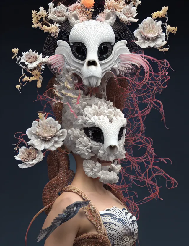 Prompt: 3 d goddess bottom - up with ram skull. beautiful intricately detailed japanese crow kitsune mask and clasical japanese kimono. betta fish, jellyfish phoenix, bio luminescent, plasma, ice, water, wind, creature, artwork by tooth wu and wlop and beeple and greg rutkowski