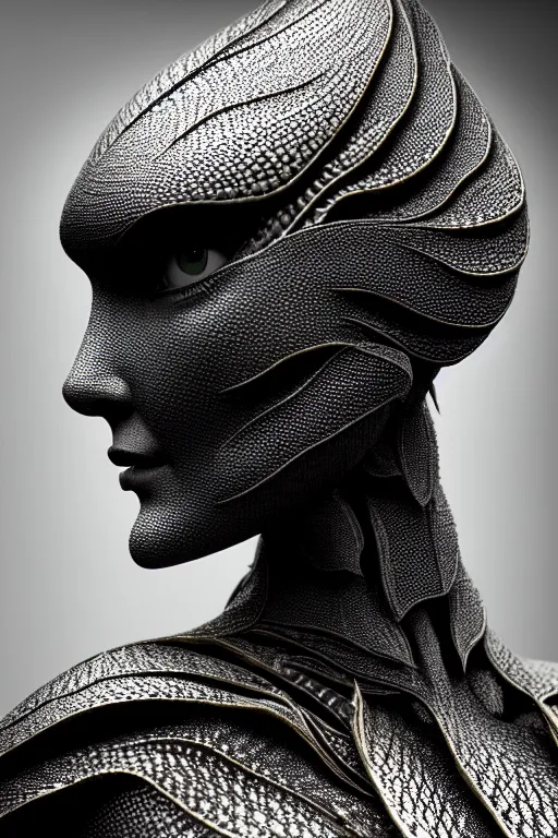 Image similar to monochrome close - up profile face, black background, beautiful young porcelain vegetal - dragon - cyborg - female, 1 5 0 mm, beautiful natural soft rim light, silver gold details, magnolia leaves and stems, roots, mandelbot fractal, elegant, hyper real, ultra detailed, white metallic armour, octane render, 1 6 k