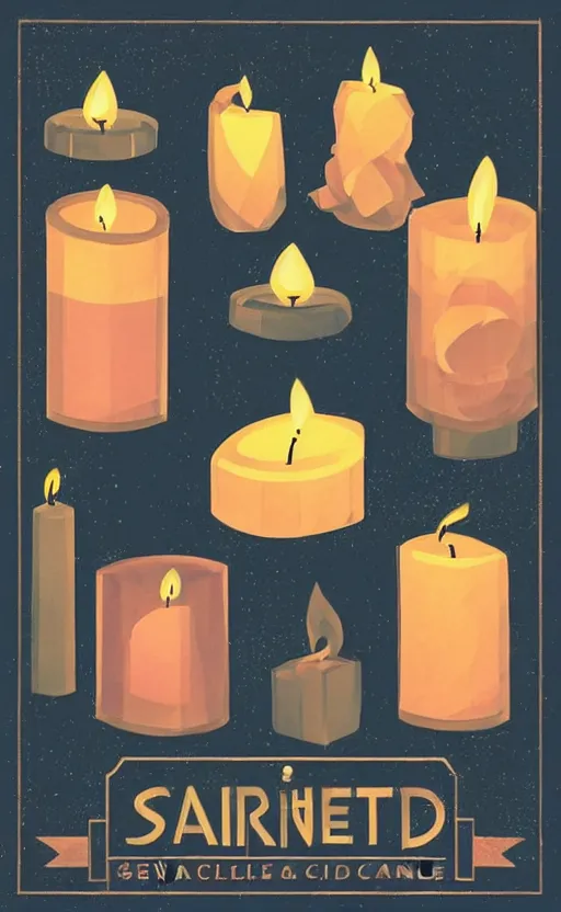 Image similar to illustration with a set of beautiful scented candles, close - up photo in cozy interior, candle lighting, glowing, pinterest, an art deco painting by tom whalen, trending on behance, art deco, digital illustration, storybook illustration, grainy texture, flat shading, vector art, airbrush, pastel, watercolor, poster