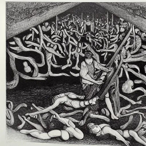 Prompt: a photocopy of a lost lithograph by mc escher after the style of goya's etchings