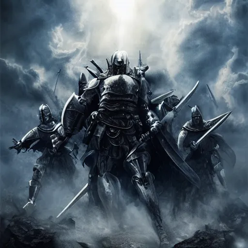 Image similar to cinematic digital art of the last knight from heaven fighting the hordes from hell making this last stand to protect the holy kingdom of heaven as they attack from below