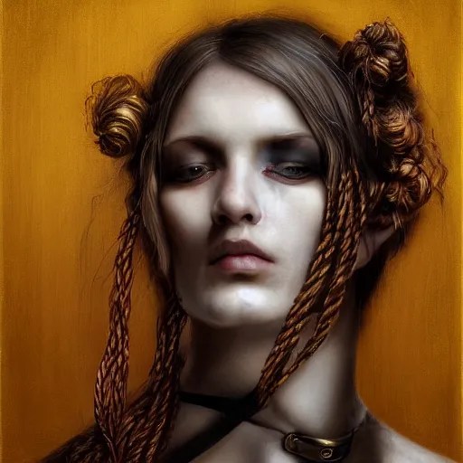 Image similar to portrait of a Shibari rope wrapped face and neck, headshot, insanely nice professional hair style, dramatic hair color, digital painting, of a old 15th century, roman gladiator, amber jewels, baroque, ornate clothing, scifi, realistic, realistic realistic realistic eyes, hyperdetailed, chiaroscuro, concept art, art by Franz Hals and Jon Foster and Ayami Kojima and Amano and Karol Bak,