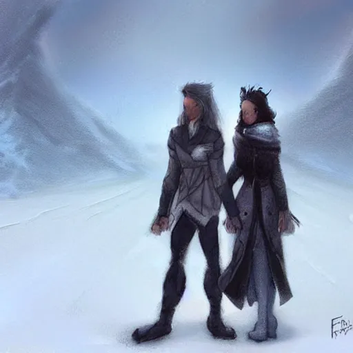 Prompt: a couple of people that are standing in the snow, concept art by Fabien Charuau, trending on pixiv, fantasy art, official art, wiccan, concept art