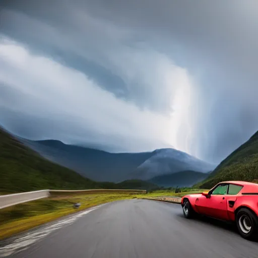 Image similar to pontiac firebird trans - am driving towards the camera, norway mountains, cinematic, volumetric lighting, foggy, wide shot, low angle, large lightning storm, thunder storm, tornado