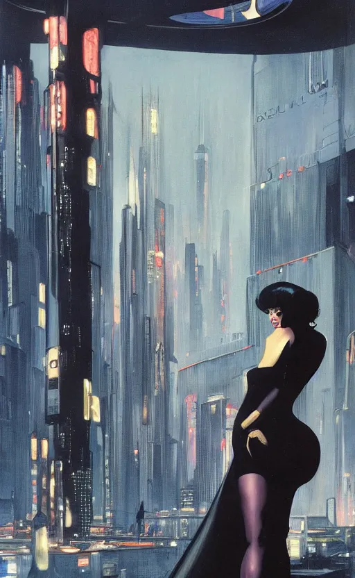 Image similar to an elegant Black woman in dress and heels, her back is to us, looking at a futuristic Blade Runner city, by Robert McGinnis.