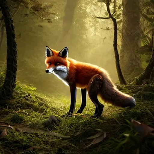 Image similar to fox in a forest with a snakeskin tail, ultra realistic, concept art, intricate details, eerie, highly detailed, photorealistic, octane render, 8k, unreal engine, art by artgerm and Blaz Porenta