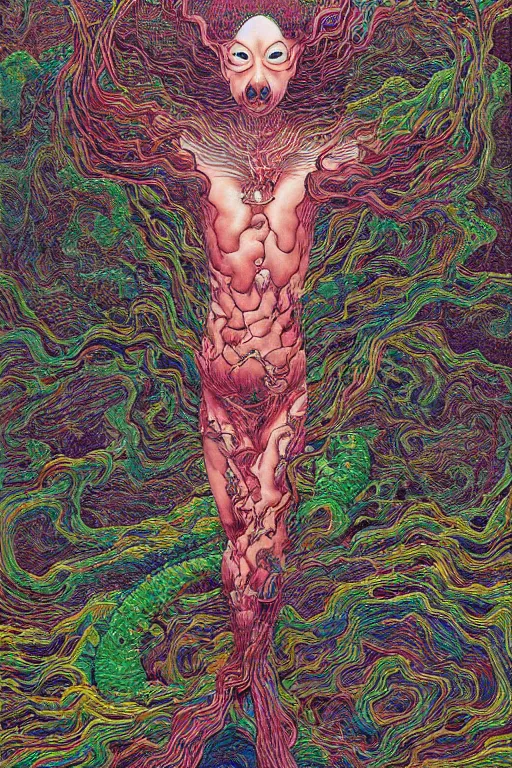 Image similar to body breaking apart, life like conjuring psychedelic illustration by shintaro kago, ultra realistic, highly detailed, hypermaximalist, symmetrical, rich deep colors. beksinski painting, part by adrian ghenie and gerhard richter. art by takato yamamoto. masterpiece