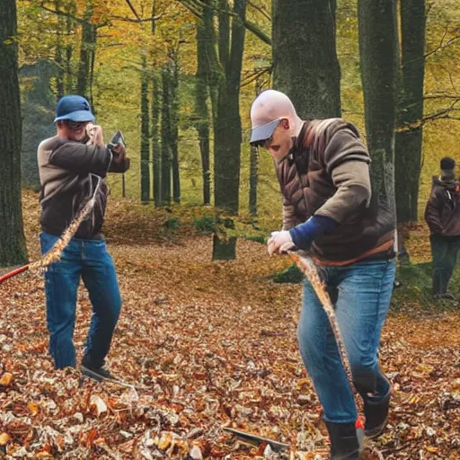 Image similar to men with leaf blowers fighting the falling leaves in a forest