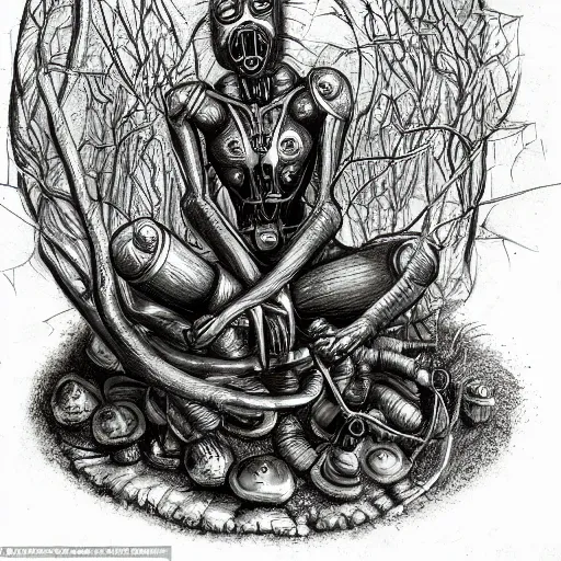 Image similar to A Cybernetic Thinker sculpture, sitting in a open forest, mushrooms and peyote at the base, high detail, b&w, ornate naturalist sketch