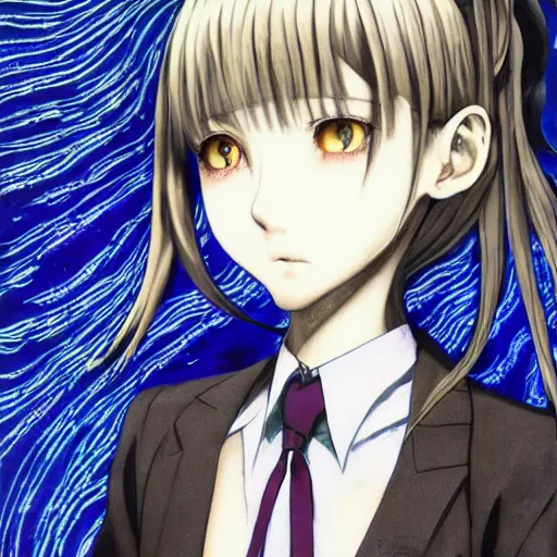 Image similar to yoshitaka amano realistic illustration of an anime girl with black eyes and long wavy white hair wearing dress suit with tie and surrounded by abstract junji ito style patterns in the background, blurry and dreamy illustration, 1 9 9 0 s anime color palette, noisy film grain effect, highly detailed, oil painting with expressive brush strokes, weird portrait angle