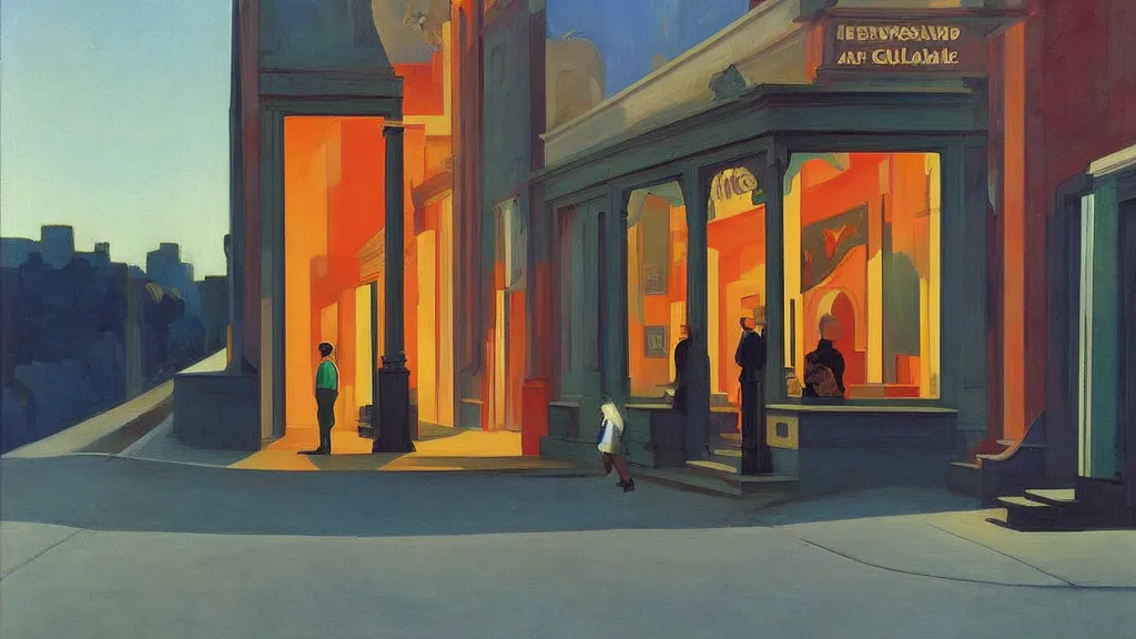 Prompt: Street art. paralyzed by the indescribable beauty of the cosmos. facade of the entrance to the art gallery exhibition. art style by Edward Hopper daring, incredible