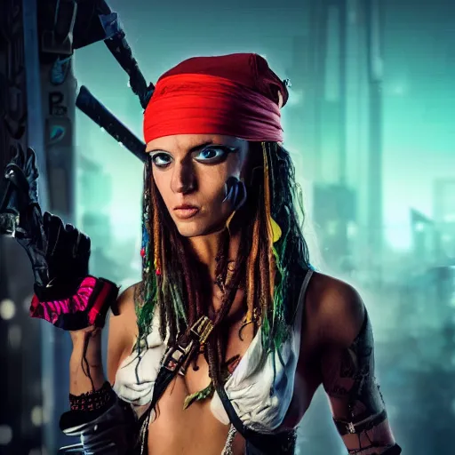 Prompt: photo of a cyberpunk female pirate