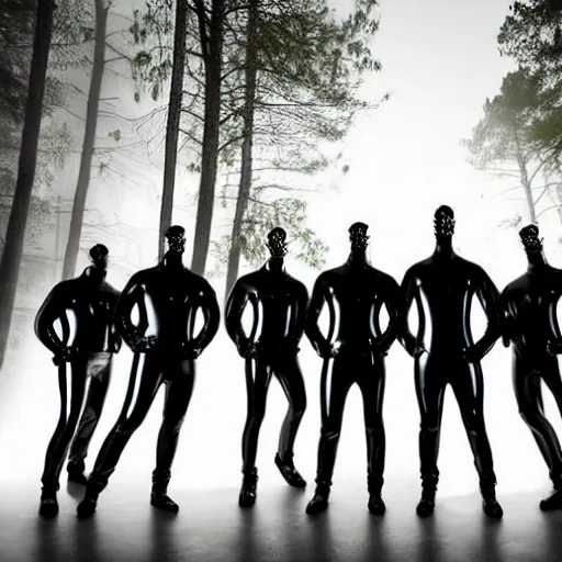 Prompt: photo, a giant massive group of men wearing full body shiny reflective latex suits including pants and shirts and boots and masks, performing an incredibly acrobatic wild dance inside a beautiful moody epic nighttime forest with fog and mist