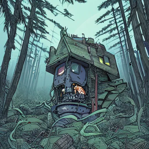 Prompt: in the style of ghostshrimp and deathburger and laurie greasley a giant decaying robot head in a forest that has been turned into a quaint house, highly detailed, 8k wallpaper