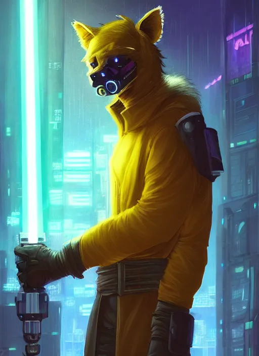 Image similar to beautiful portrait commission of a male furry anthro hyena fursona wearing jedi robes and wielding a yellow lightsaber in his left hand. Cyberpunk city at night in the rain. Neon light. Atmospheric. Character design by charlie bowater, ross tran, artgerm, and makoto shinkai, detailed, inked, western comic book art