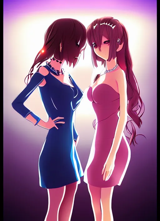 Image similar to two beautiful mothers standing face to face taunting each other, gorgeous dresses, gorgeous faces, smooth thick lines, cinematic lighting, detailed anime art