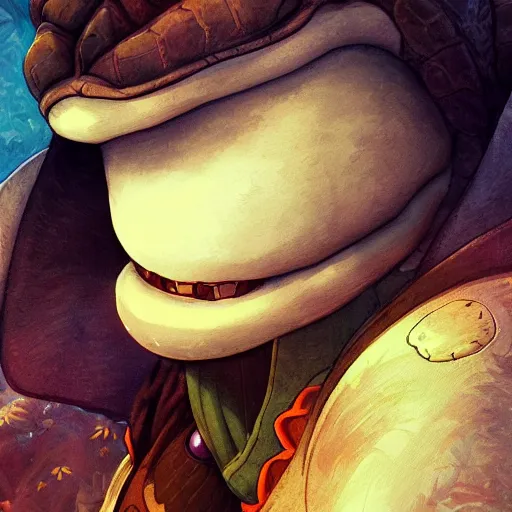 Image similar to portrait of an excited turtle, ghibli, cartoon, anime, hdr, artstation, sharp, focus, illustration, anna dittmann, ilya kuvshinov, nikolay makovsky