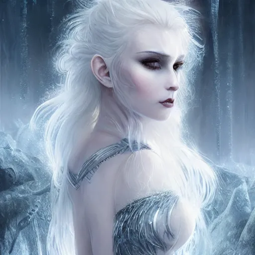 Image similar to kerli koiv as a ice queen full ball gown dress frozen eylashes, darkwave, darksynth, concept headshot art, sharp, digital matte painting, art by luis royo, greg rutkowski, wlop, dramatic lighting, trending on artstation