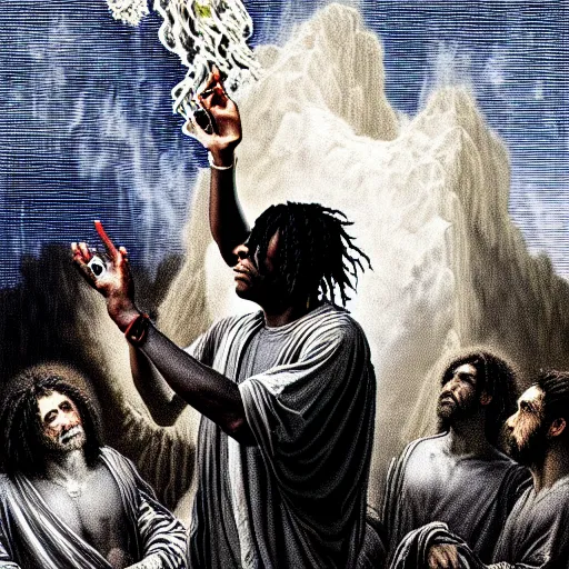 Image similar to chief keef ascending into heaven holding cup of lean and blunt, smoke surrounding subject, biblical image, style of gustave dore, highly detailed, beautiful, high contrast