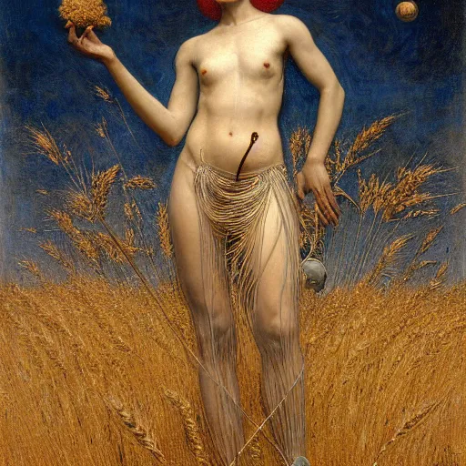 Prompt: masterpiece full body of a goddess in the cosmos with a human skull in one hand and a staff of wheat in the other, by Edgar Maxence and Ross Tran and Michael Whelan and Gustav Klimpt