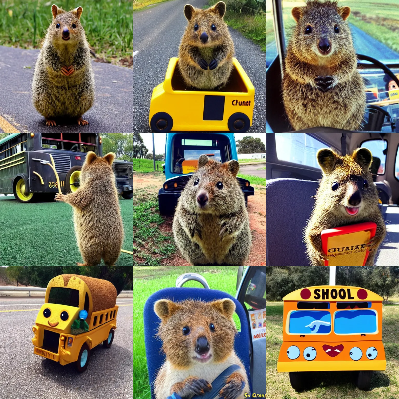 Prompt: quokka driving a school bus in the style of grant wood