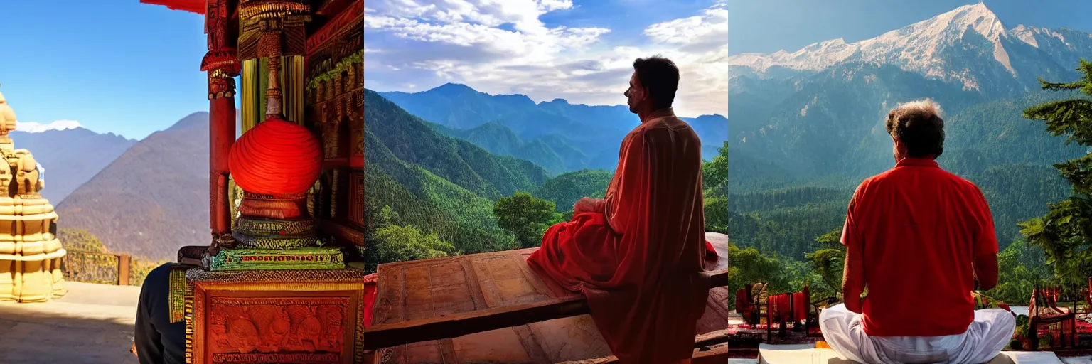 Prompt: Sam Harris in a indian temple looking out over the mountains