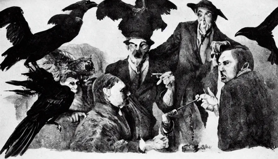 Image similar to man - raven hybrid smoking, realistic, historic, detailed, realistic, 1 9 2 0's horror film, black and white