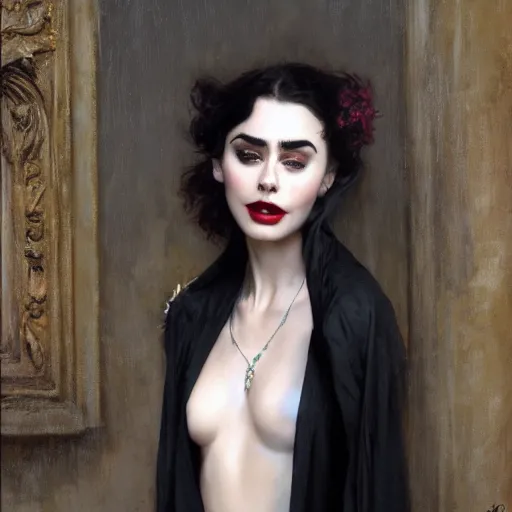 Image similar to detailed realistic cinematic wide shot of beautiful attractive lilly collins vampire woman wearing black bath robe slim face symettrical face clean skin black eyes black robe smooth, sharp focus, ultra realistic, spring light, painting by gaston bussiere, craig mullins, j. c. leyendecker