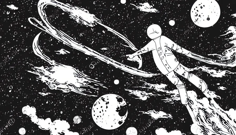 Image similar to travel to the moon in a dream, style of graphic novel, style of shuzo oshimi, black outline, on white, smooth, thin sharp lines, detailed