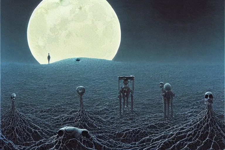 Image similar to a surreal and awe - inspiring science fiction landscape, skull - shaped moon, intricate, elegant, highly detailed matte painting by beksinski and simon stalenhag