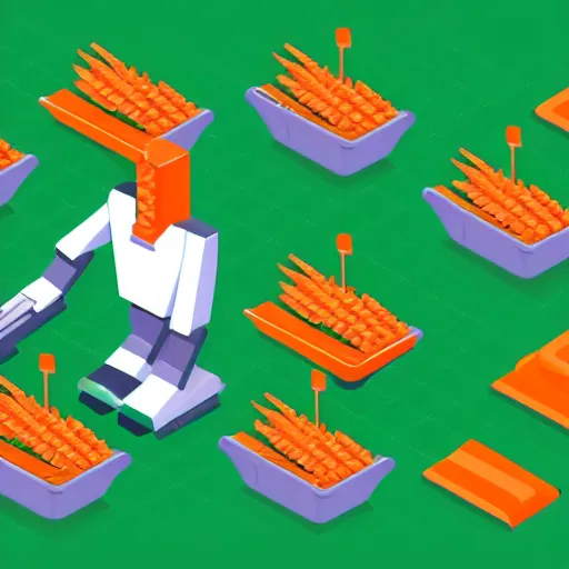 Image similar to Isometric Illustration of a Robot harvesting carrots, white background