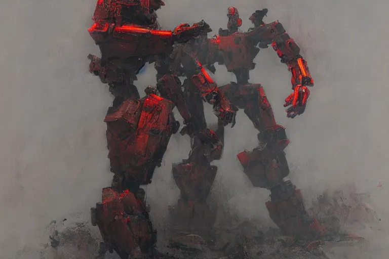 Image similar to mecha soldier 🪖, part by ashley wood, part by zdzislaw beksinski, surreal oil painting, highly detailed, photo realistic, abstract expressionism, red tint, projection mapping, soft illumination, trending on artstation, masterpiece