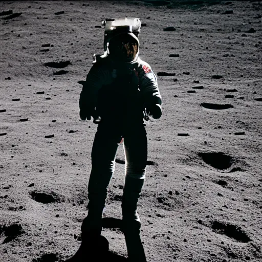 Prompt: a cowboy standing on the moon looks up at the earth above him, 5 0 mm, apollo program photos