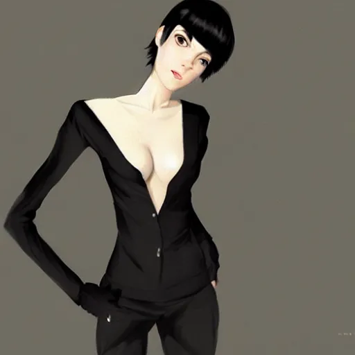 Image similar to slim girl in tuxedo with short black hair, elegant, 2d, ultra highly detailed, digital painting, smooth, sharp focus, artstation, portrait art by Ilya Kuvshinov