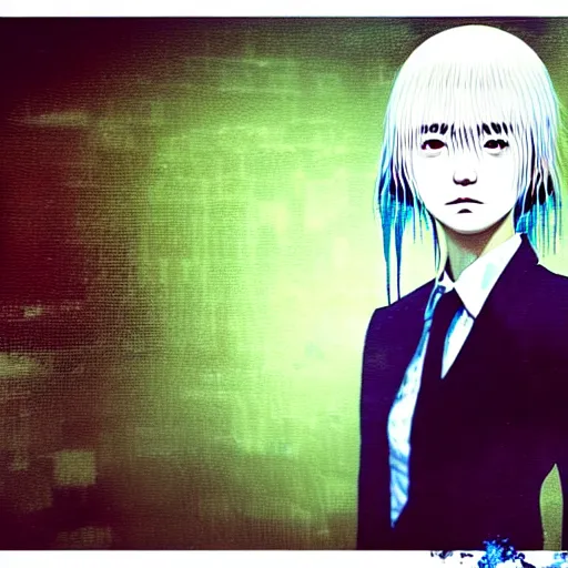 Image similar to yoshitaka amano blurred and dreamy three quarter angle portrait of a young woman with white hair and black eyes wearing dress suit with tie, playstation 2 horror game illustration, junji ito abstract patterns in the background, satoshi kon anime, chungking express color palette, glitches, film grain effect, highly detailed, renaissance oil painting, weird camera angle