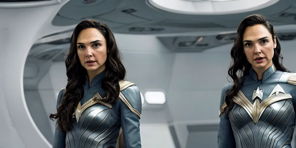 Image similar to Gal Gadot, in full starfleet uniform, is the captain of the starship Enterprise in the new Star Trek movie