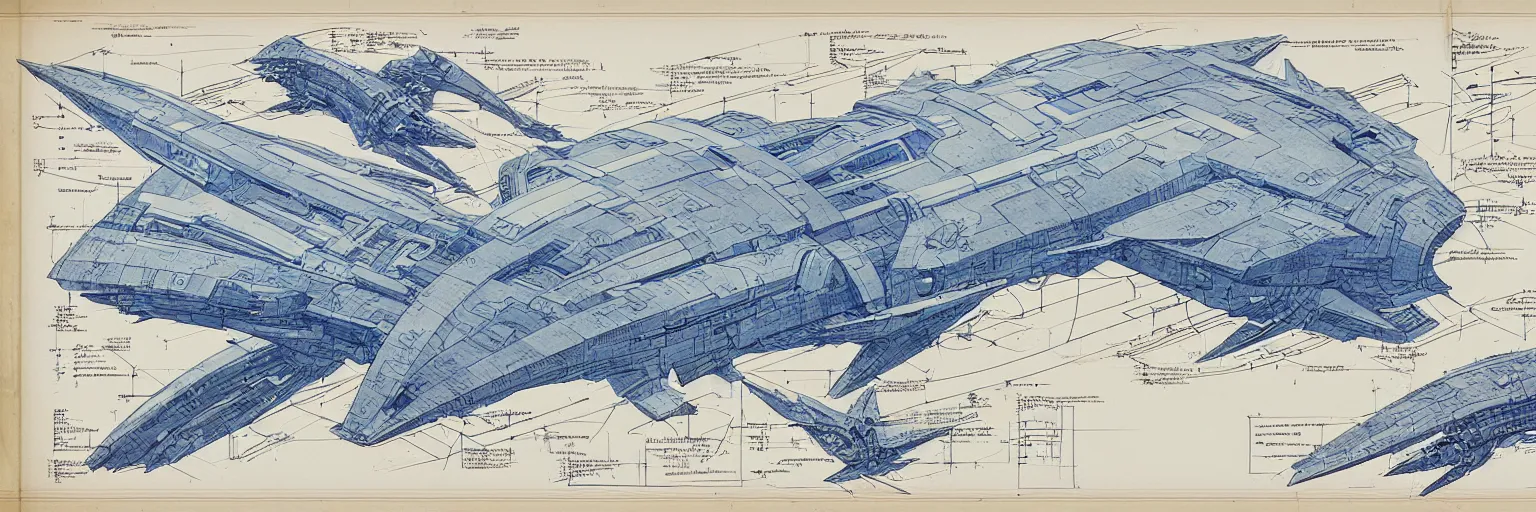 Image similar to blueprint for a sentient starship, technical drawing with annotations and notes in the margins, algorithms and physics equations, concept design by peter mohrbacher and craig mullins and hiroshi yoshida and james jean and frank frazetta and michael whelan and andreas rocha