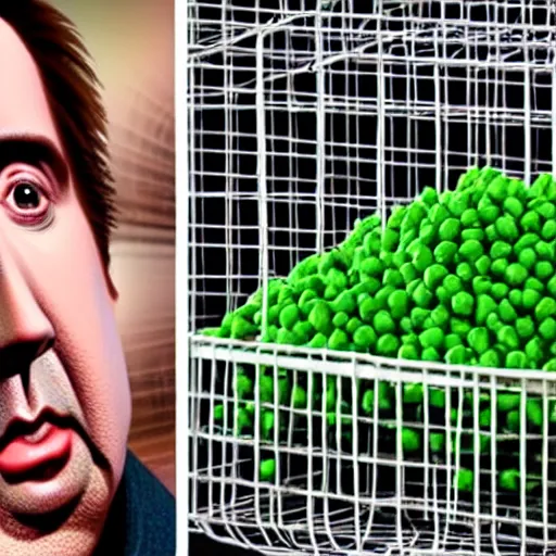 Prompt: nicolas cage trapped in a wicker cage being covered in peas