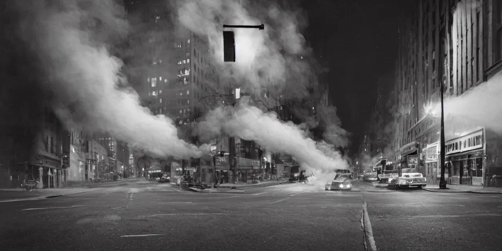 Image similar to a high resolution photo of a new york street at night surrounded with smoke and cars with bright headlights by joel meyerowitz, realistic photo, leica, magnum award winning photograph, 24 mm, f1.4 ,