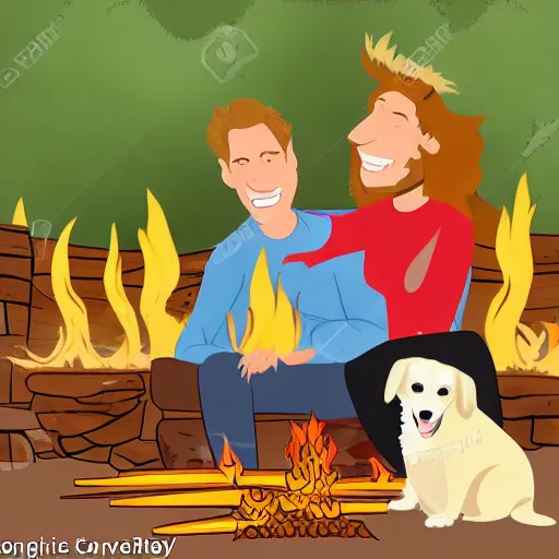 Prompt: cartoon image of hillbilly with long blonde hair at a bonfire with his australian shepherd