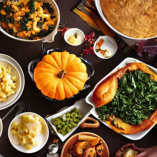 Image similar to a delicious thanksgiving dinner, dinner table, turkey, greens, macaroni and cheese, dimly lit, product shot